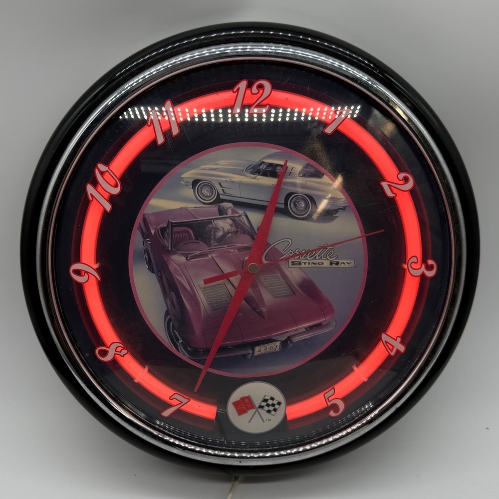 VTG Corvette Stingray Neon Wall Clock Red Light Classic Car Garage Decor WORKS